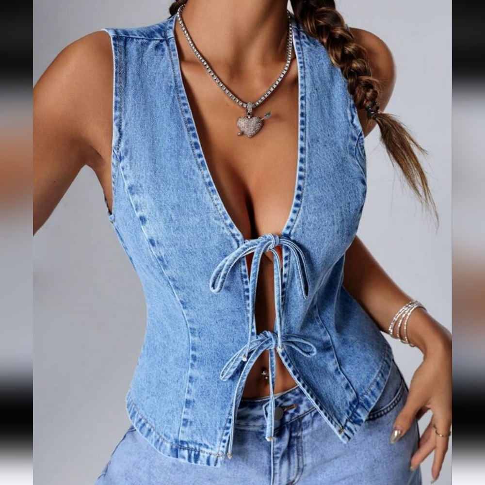 Tie-Front Light Blue Denim Tank Top